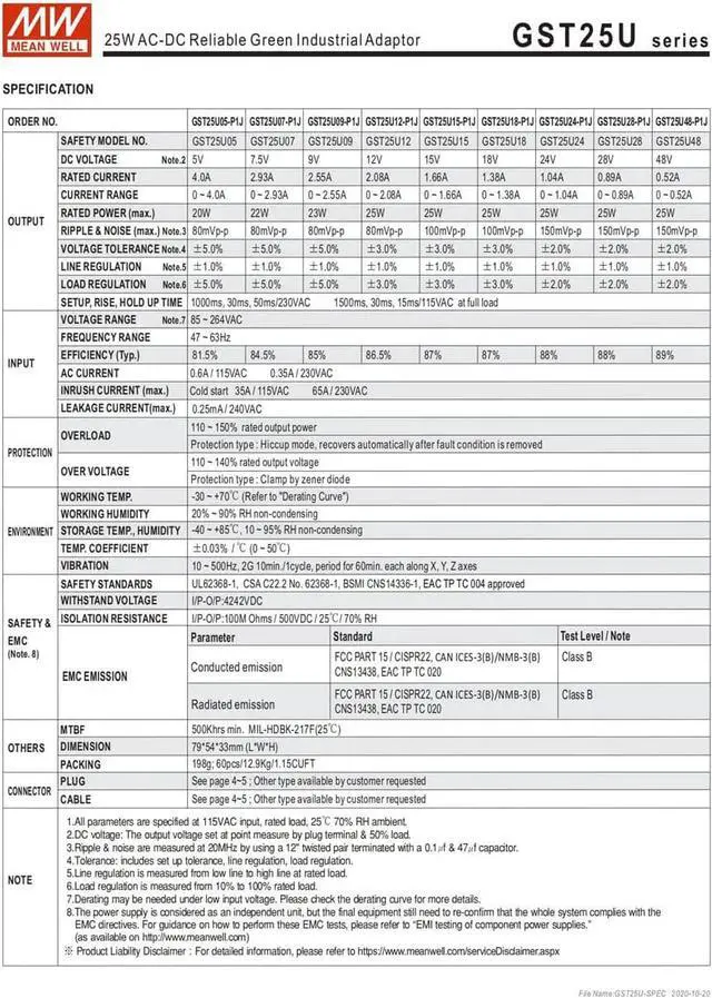 Alt view image 6 of 7 - MW Mean Well Wall-Mounted Adaptor GST25U05/07/09/12/15/18/24/28/48-P1J Industrial US-Type General Size Reliable Green Adaptor (GST25U18-P1J) - OEM