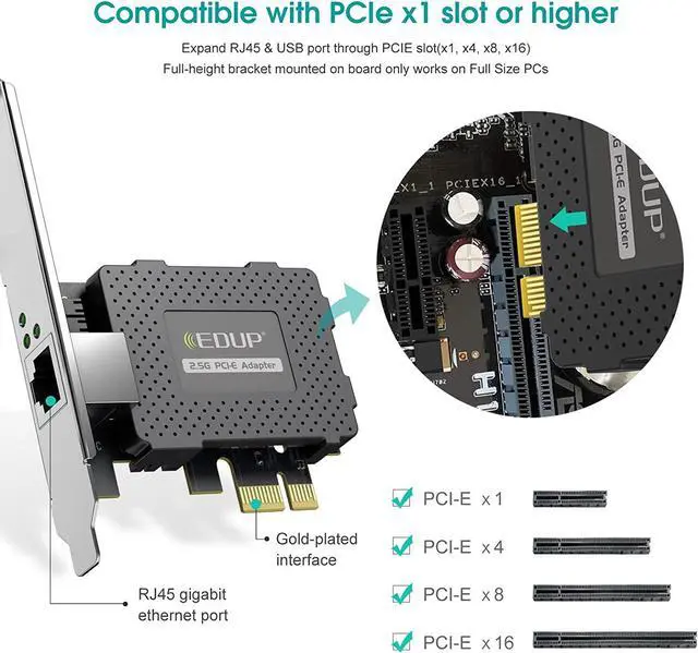 Alt view image 4 of 7 - 2.5GBase-T PCIe Network Adapter, 2500/1000/100Mbps PCI Express Gigabit Ethernet Card RJ45 LAN Controller Support Windows Server/Windows, Standard and Low-Profile Brackets Included