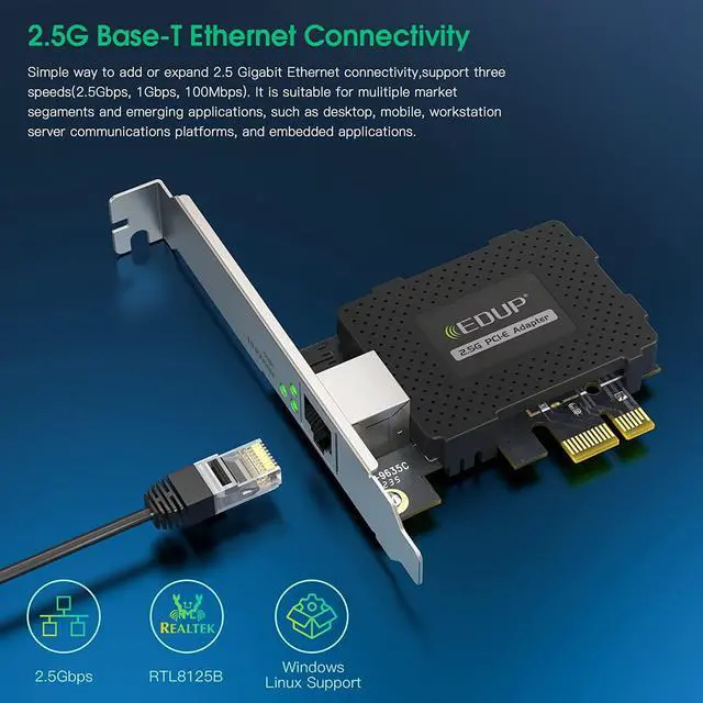 Alt view image 3 of 7 - 2.5GBase-T PCIe Network Adapter, 2500/1000/100Mbps PCI Express Gigabit Ethernet Card RJ45 LAN Controller Support Windows Server/Windows, Standard and Low-Profile Brackets Included
