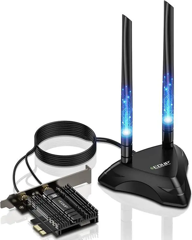 Main image of EDUP PCIe WiFi 6E Card with 6dBi Antenna Base, 802.11AX Bluetooth 5.2 AX5400M AX210NGW Heat Sink Tri-Band 6G/5.8G/2.4GHz WiFi 6 PCI-E Wireless Network Card for Desktop PC Support Windows 10/11 64-bit