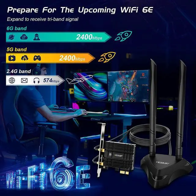 Alt view image 3 of 7 - EDUP PCIe WiFi 6E Card with 6dBi Antenna Base, 802.11AX Bluetooth 5.2 AX5400M AX210NGW Heat Sink Tri-Band 6G/5.8G/2.4GHz WiFi 6 PCI-E Wireless Network Card for Desktop PC Support Windows 10/11 64-bit