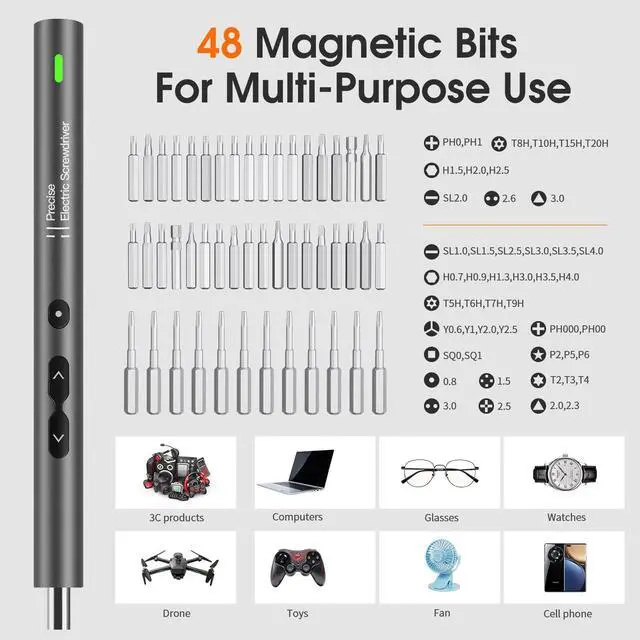 Alt view image 5 of 7 - UF-TOOLS Mini Electric Screwdriver, 62 in 1 Cordless Rechargeable Small Power Screwdriver Set with 48 Bits, Led Light and Magnetic Mat, Professional Repair Tool for Phone Watch Camera Laptop PC