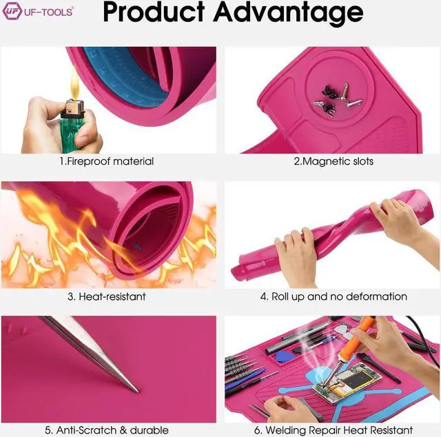 Alt view image 4 of 7 - UF-TOOLS 4.5 MM Thicken Silicone Electronics Work Mat, 20.3 x 14.4 Inch Large Soldering Mat Heat Insulation Anti-Static Magnetic Work Station for Soldering Iron, Phone, Computer, Watch Repair