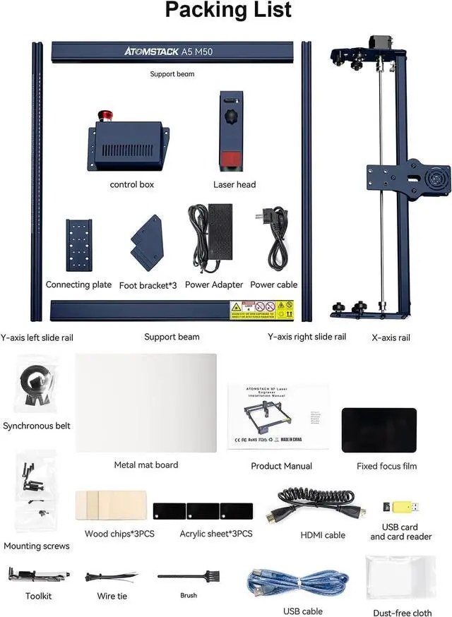 Alt view image 7 of 7 - ATOMSTACK A5 M50 Laser Engraver, 5.5W Fixed-Focus 0.08mm Compressed Spot Laser Cutter and Engraving Machine for Wood Metal Acrylic, Engraving Area 410x400mm