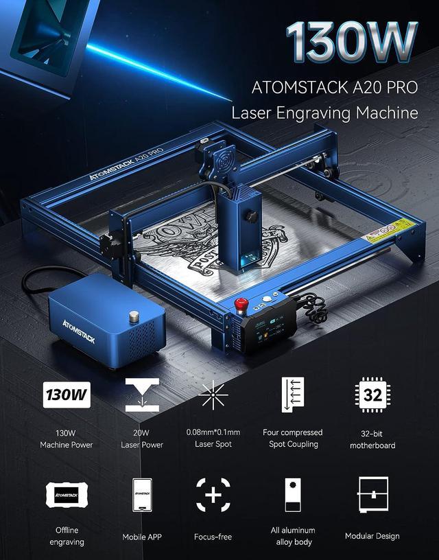 Alt view image 2 of 7 - ATOMSTACK A20 Pro Laser Engraver 130W, 20W Optical Power Laser Cutter with F30 Pro Air Assist Kit and Terminal Control Panel, Support Self-Developed Mobile Phone APP, Engraving Area 400x400mm
