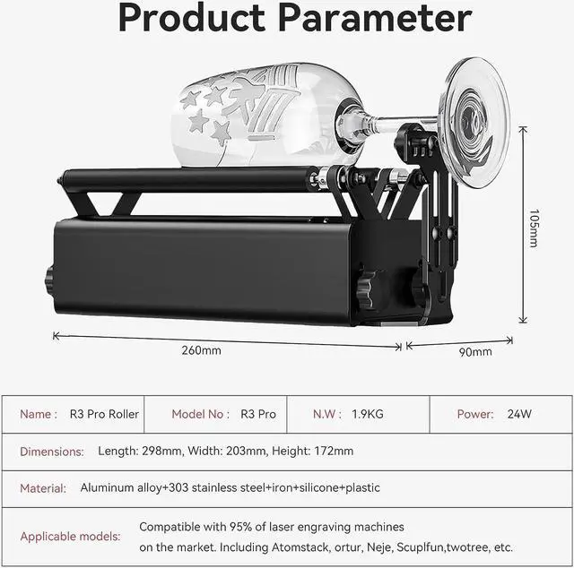 Alt view image 7 of 7 - ATOMSTACK R3 Pro Laser Rotary Roller, Laser Engraver Y-axis Rotary Roller for 360° Engraving Cylindrical Objects with 4 Heightening Columns, 2 Support Shaft and 1 Support Frame