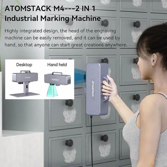Alt view image 5 of 6 - ATOMSTACK M4 Fiber Laser Engraver, 1064nm Cold Red Light High Accuracy Desktop and Handheld 2 in 1 Fiber Marking Machine for Metal Plastic Leather with 12000mm/s High Speed, Engraving Area 70x70mm