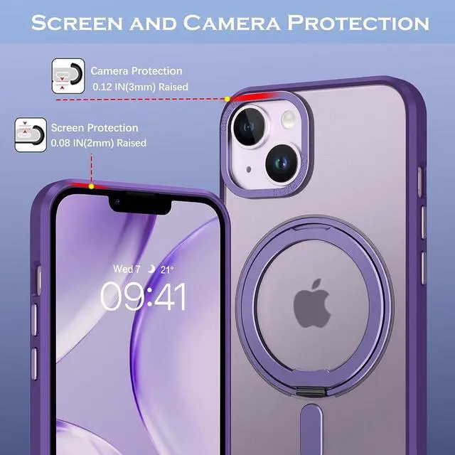 Alt view image 3 of 7 - Case for iPhone 14/13, Magnetic Case [Compatible with Magsafe] with 360° Rotatable Ring Holder Invisible Stand Slim Translucent Men Women Shockproof Protective Phone Cover 6.1 Inch,Purple