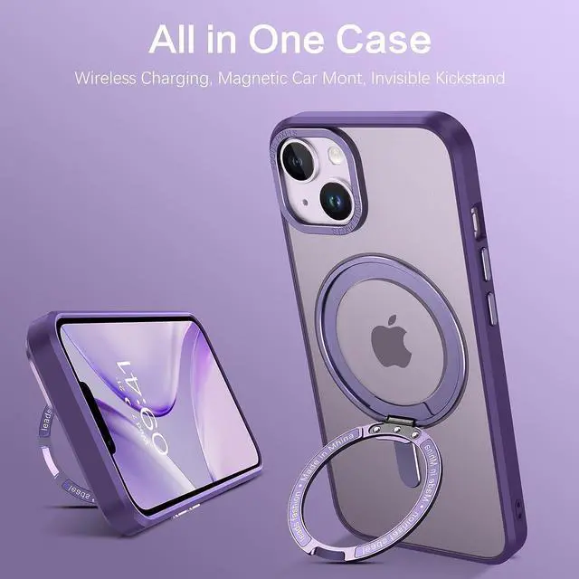 Alt view image 4 of 7 - Case for iPhone 14/13, Magnetic Case [Compatible with Magsafe] with 360° Rotatable Ring Holder Invisible Stand Slim Translucent Men Women Shockproof Protective Phone Cover 6.1 Inch,Purple