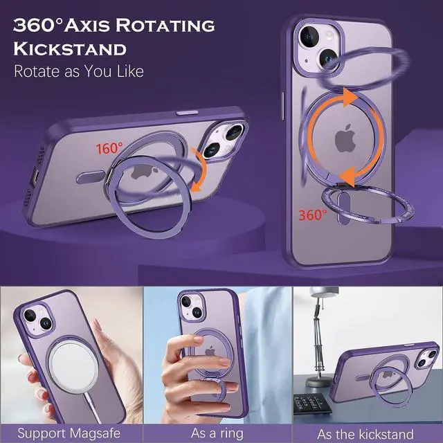 Alt view image 7 of 7 - Case for iPhone 14/13, Magnetic Case [Compatible with Magsafe] with 360° Rotatable Ring Holder Invisible Stand Slim Translucent Men Women Shockproof Protective Phone Cover 6.1 Inch,Purple