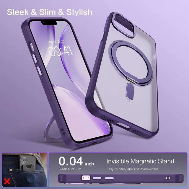 Alt view image 6 of 7 - Case for iPhone 14/13, Magnetic Case [Compatible with Magsafe] with 360° Rotatable Ring Holder Invisible Stand Slim Translucent Men Women Shockproof Protective Phone Cover 6.1 Inch,Purple