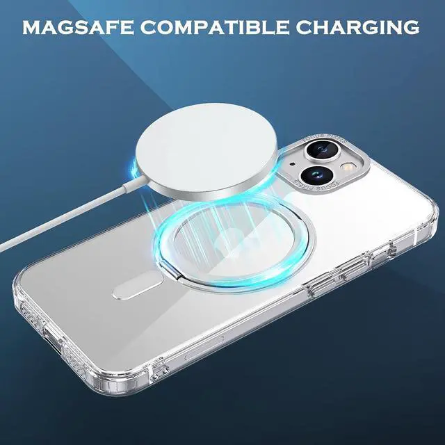 Alt view image 6 of 7 - YINLAI Case for iPhone 14/13, Magnetic Case [Compatible with Magsafe] with 360° Rotatable Ring Holder Invisible Stand Slim Transparent Men Women Shockproof Protective Phone Cover 6.1 Inch, Clear