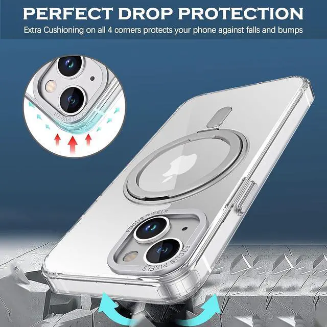 Alt view image 7 of 7 - YINLAI Case for iPhone 14/13, Magnetic Case [Compatible with Magsafe] with 360° Rotatable Ring Holder Invisible Stand Slim Transparent Men Women Shockproof Protective Phone Cover 6.1 Inch, Clear