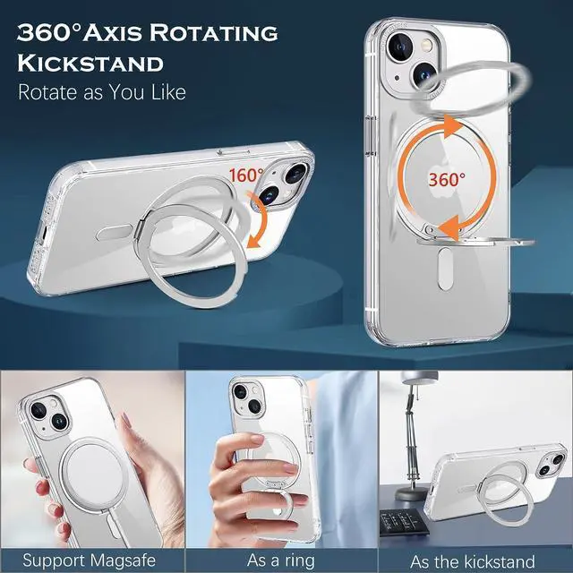 Alt view image 5 of 7 - YINLAI Case for iPhone 14/13, Magnetic Case [Compatible with Magsafe] with 360° Rotatable Ring Holder Invisible Stand Slim Transparent Men Women Shockproof Protective Phone Cover 6.1 Inch, Clear