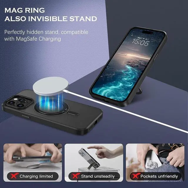 Alt view image 7 of 7 - Case for iPhone 14 Pro Max, Magnetic Case [Compatible with Magsafe] with 360° Rotatable Ring Holder Invisible Stand Slim Translucent Men Women Shockproof Protective Phone Cover 6.7 Inch, Black