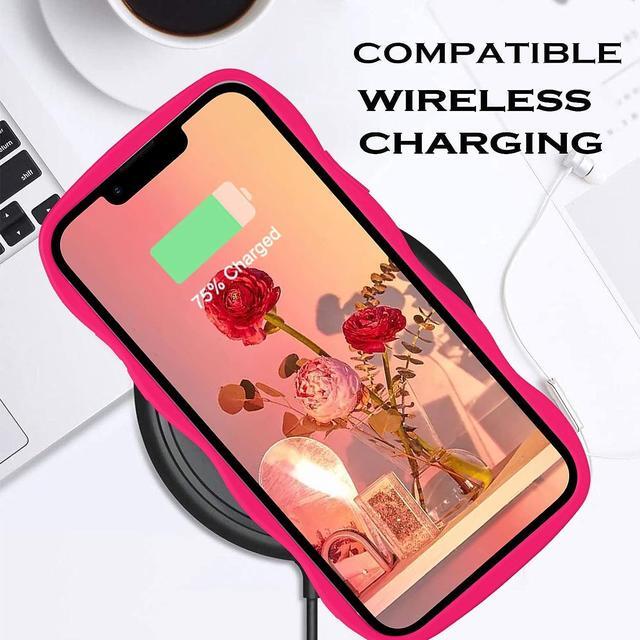 Alt view image 7 of 7 - Case for iPhone 14, Neon Pink Phone Cover, Cute Curly Wave Frame Shape Slim Soft TPU Gel Rubber Bumper Shockproof Protective Phone Cases 6.1 Inch, Hot Pink