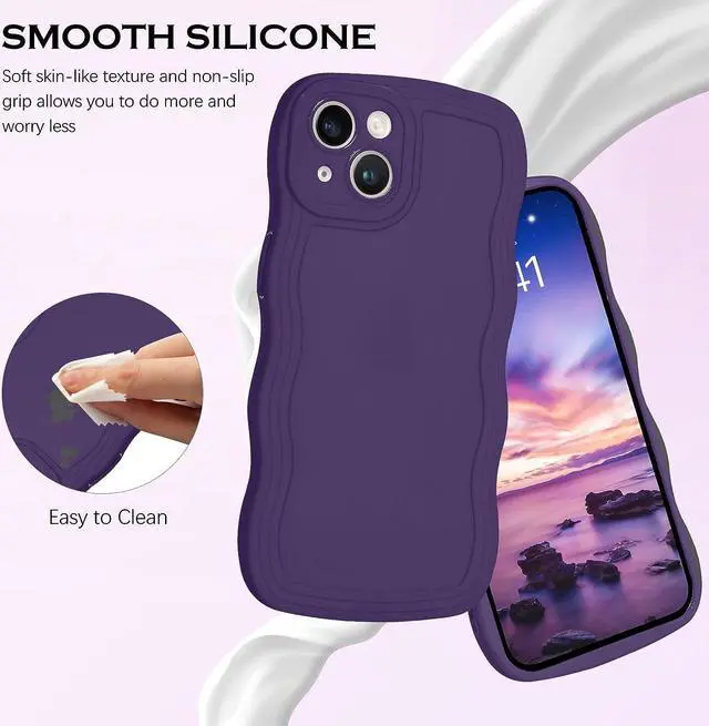 Alt view image 2 of 7 - Designed for iPhone 14 Case,Dark Purple Phone Cover, Cute Curly Wave Frame Shape Slim Soft TPU Gel Rubber Bumper Shockproof Protective Phone Cases 6.1 Inch, Purple