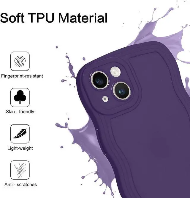 Alt view image 3 of 7 - Designed for iPhone 14 Case,Dark Purple Phone Cover, Cute Curly Wave Frame Shape Slim Soft TPU Gel Rubber Bumper Shockproof Protective Phone Cases 6.1 Inch, Purple