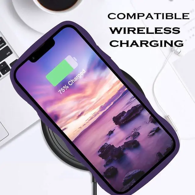 Alt view image 4 of 7 - Designed for iPhone 14 Case,Dark Purple Phone Cover, Cute Curly Wave Frame Shape Slim Soft TPU Gel Rubber Bumper Shockproof Protective Phone Cases 6.1 Inch, Purple