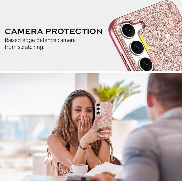 Alt view image 7 of 7 - Case for Samsung Galaxy S23 Plus, S23 Plus/S23+ Case 6.6 Inch Glitter Bling Sparkly Shiny Slim Women Girls Hybrid Soft Smooth Shockproof Protective Girly Phone Cases Cover, Rose Gold/Pink