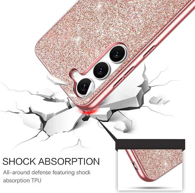Alt view image 6 of 7 - Case for Samsung Galaxy S23 Plus, S23 Plus/S23+ Case 6.6 Inch Glitter Bling Sparkly Shiny Slim Women Girls Hybrid Soft Smooth Shockproof Protective Girly Phone Cases Cover, Rose Gold/Pink