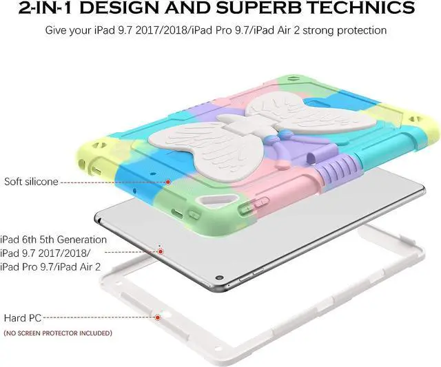 Alt view image 3 of 7 - Case for iPad 6th/5th Generation 9.7-Inch 2018/2017, iPad Air 2 Case/iPad Pro 9.7 Case Kids Women Girls Shockproof Protective Tablet Cover with Pencil Holder Butterfly Kickstand,Lavender Purple