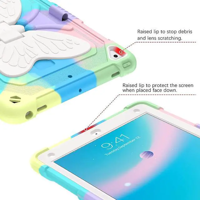 Alt view image 4 of 7 - Case for iPad 6th/5th Generation 9.7-Inch 2018/2017, iPad Air 2 Case/iPad Pro 9.7 Case Kids Women Girls Shockproof Protective Tablet Cover with Pencil Holder Butterfly Kickstand,Lavender Purple