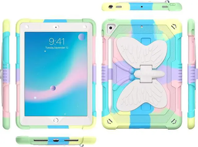 Alt view image 2 of 7 - Case for iPad 6th/5th Generation 9.7-Inch 2018/2017, iPad Air 2 Case/iPad Pro 9.7 Case Kids Women Girls Shockproof Protective Tablet Cover with Pencil Holder Butterfly Kickstand,Lavender Purple