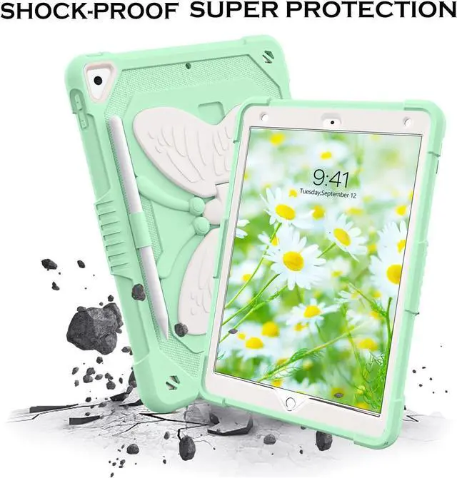 Alt view image 5 of 7 - Case for iPad 6th Generation,iPad 9.7 Inch Case,iPad 5th Generation Case,iPad Air 2nd Case,iPad Pro 9.7 Case with Pencil Holder Butterfly Wings Kickstand Kids Shockproof Protective Cover,Green