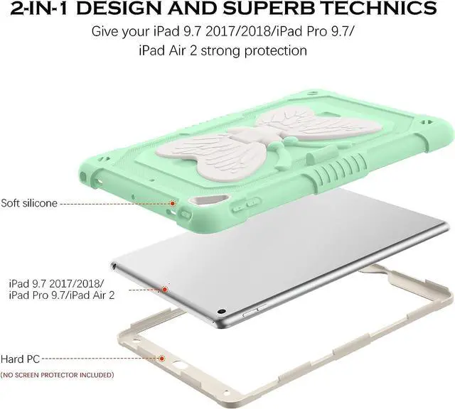 Alt view image 2 of 7 - Case for iPad 6th Generation,iPad 9.7 Inch Case,iPad 5th Generation Case,iPad Air 2nd Case,iPad Pro 9.7 Case with Pencil Holder Butterfly Wings Kickstand Kids Shockproof Protective Cover,Green