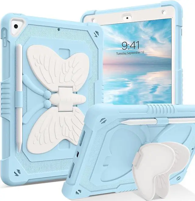 Main image of Case for iPad 6th/5th Generation 9.7-Inch, 2018/2017 Model, iPad Air 2 Case/iPad Pro 9.7 Case Kids Women Boys Shockproof Protective Tablet Cover with Pencil Holder Butterfly Kickstand, Blue