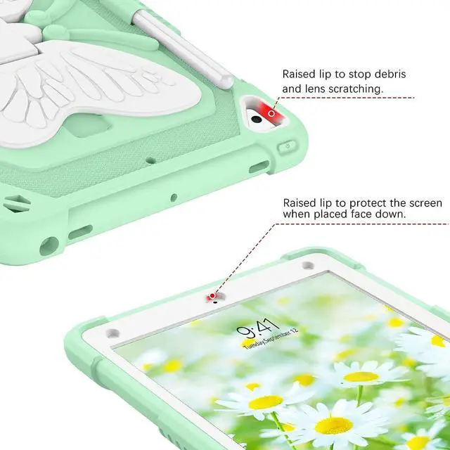 Alt view image 4 of 7 - Case for iPad 6th Generation,iPad 9.7 Inch Case,iPad 5th Generation Case,iPad Air 2nd Case,iPad Pro 9.7 Case with Pencil Holder Butterfly Wings Kickstand Kids Shockproof Protective Cover,Green