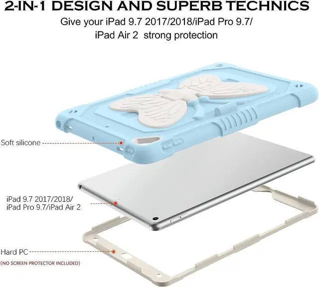 Alt view image 3 of 7 - Case for iPad 6th/5th Generation 9.7-Inch, 2018/2017 Model, iPad Air 2 Case/iPad Pro 9.7 Case Kids Women Boys Shockproof Protective Tablet Cover with Pencil Holder Butterfly Kickstand, Blue