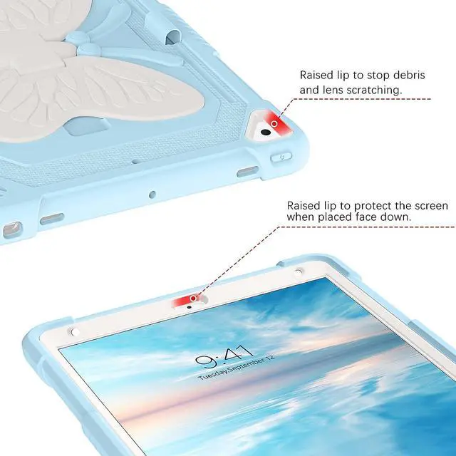 Alt view image 6 of 7 - Case for iPad 6th/5th Generation 9.7-Inch, 2018/2017 Model, iPad Air 2 Case/iPad Pro 9.7 Case Kids Women Boys Shockproof Protective Tablet Cover with Pencil Holder Butterfly Kickstand, Blue