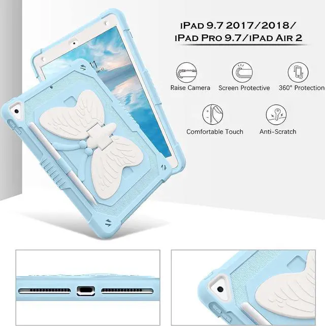 Alt view image 5 of 7 - Case for iPad 6th/5th Generation 9.7-Inch, 2018/2017 Model, iPad Air 2 Case/iPad Pro 9.7 Case Kids Women Boys Shockproof Protective Tablet Cover with Pencil Holder Butterfly Kickstand, Blue