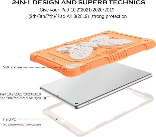 Alt view image 2 of 7 - iPad 10.2 Inch Case,iPad 9th 8th 7th Generation Case 2021/2020/2019,iPad air 3rd Gen Case Kids Girls Butterfly Kickstand Shockproof Protective Cover with Pencil Holder, Orange