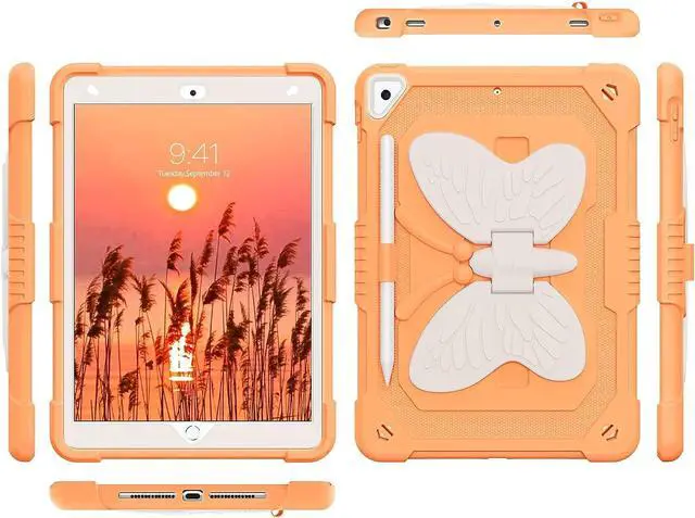 Alt view image 3 of 7 - iPad 10.2 Inch Case,iPad 9th 8th 7th Generation Case 2021/2020/2019,iPad air 3rd Gen Case Kids Girls Butterfly Kickstand Shockproof Protective Cover with Pencil Holder, Orange