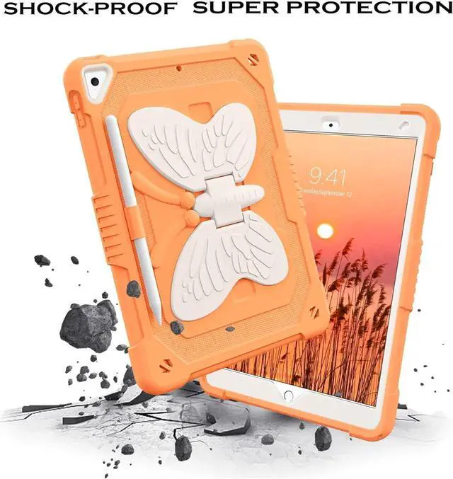 Alt view image 5 of 7 - iPad 10.2 Inch Case,iPad 9th 8th 7th Generation Case 2021/2020/2019,iPad air 3rd Gen Case Kids Girls Butterfly Kickstand Shockproof Protective Cover with Pencil Holder, Orange