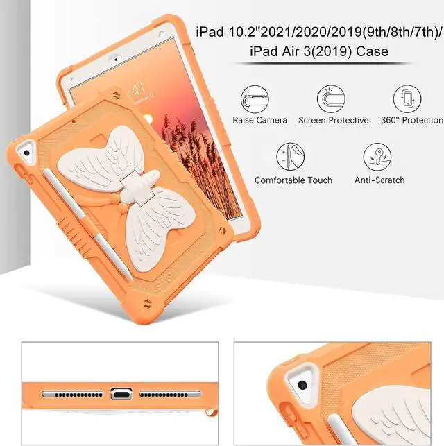 Alt view image 6 of 7 - iPad 10.2 Inch Case,iPad 9th 8th 7th Generation Case 2021/2020/2019,iPad air 3rd Gen Case Kids Girls Butterfly Kickstand Shockproof Protective Cover with Pencil Holder, Orange