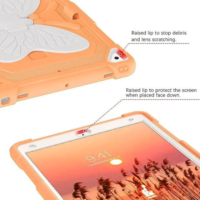 Alt view image 4 of 7 - iPad 10.2 Inch Case,iPad 9th 8th 7th Generation Case 2021/2020/2019,iPad air 3rd Gen Case Kids Girls Butterfly Kickstand Shockproof Protective Cover with Pencil Holder, Orange