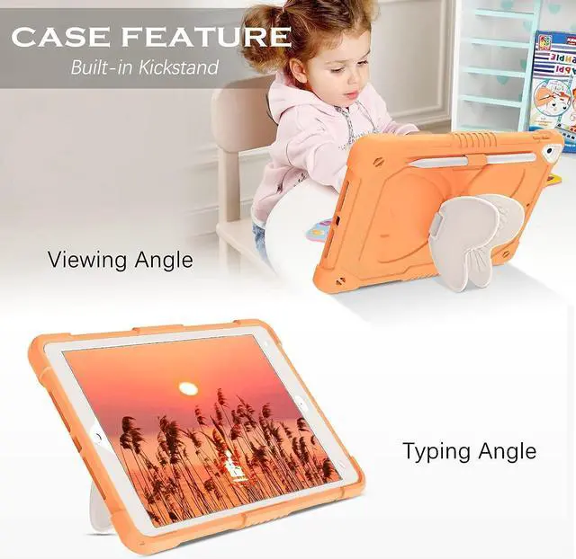 Alt view image 7 of 7 - iPad 10.2 Inch Case,iPad 9th 8th 7th Generation Case 2021/2020/2019,iPad air 3rd Gen Case Kids Girls Butterfly Kickstand Shockproof Protective Cover with Pencil Holder, Orange
