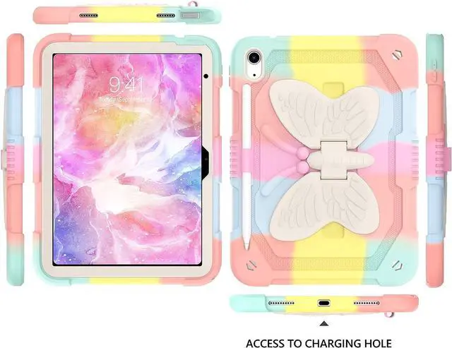 Alt view image 2 of 7 - iPad 10th Generation Case 2022 with Pencil Holder Butterfly Kickstand Girls Kids Shockproof Protective Tablet Cover for iPad 10th Gen 10.9 Inch A2696 A2757 A2777, Colorful Pink