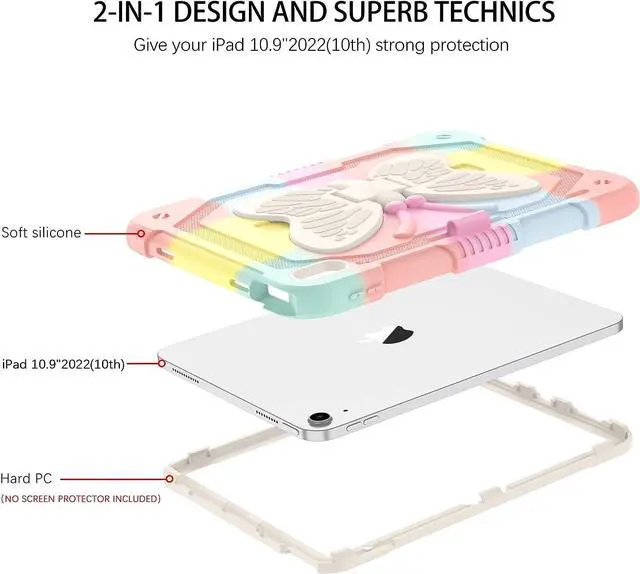 Alt view image 3 of 7 - iPad 10th Generation Case 2022 with Pencil Holder Butterfly Kickstand Girls Kids Shockproof Protective Tablet Cover for iPad 10th Gen 10.9 Inch A2696 A2757 A2777, Colorful Pink