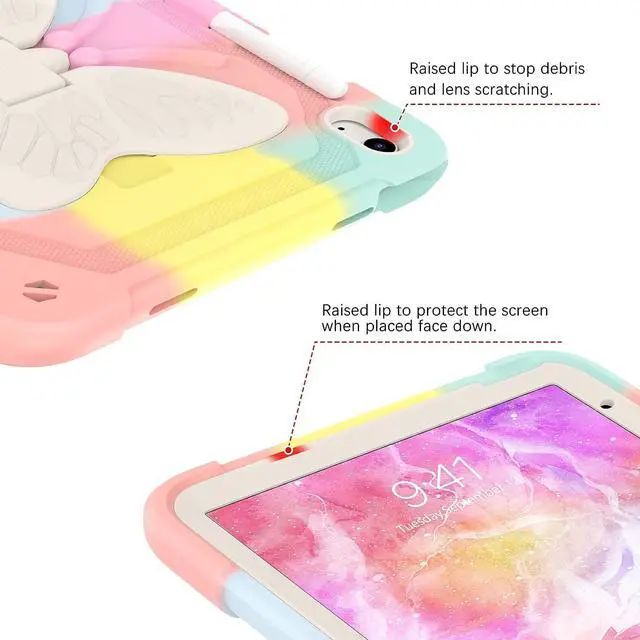 Alt view image 6 of 7 - iPad 10th Generation Case 2022 with Pencil Holder Butterfly Kickstand Girls Kids Shockproof Protective Tablet Cover for iPad 10th Gen 10.9 Inch A2696 A2757 A2777, Colorful Pink