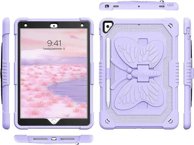 Alt view image 4 of 7 - Case for iPad 6th/5th Generation 9.7-Inch 2018/2017, iPad Air 2 Case/iPad Pro 9.7 Case Kids Women Boys Shockproof Protective Tablet Cover with Pencil Holder Butterfly Kickstand,Colorful Green