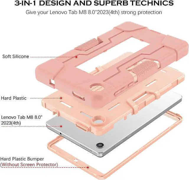 Alt view image 3 of 7 - Design for Lenovo Tab M8 4th Gen Case 8 Inch 2023 (TB-300FU/TB-300XU) Slim Hard Back Shell Heavy Duty Rugged Shockproof Protective Tablet Smart Cover Case with Kickstand, Rose Gold/Pink