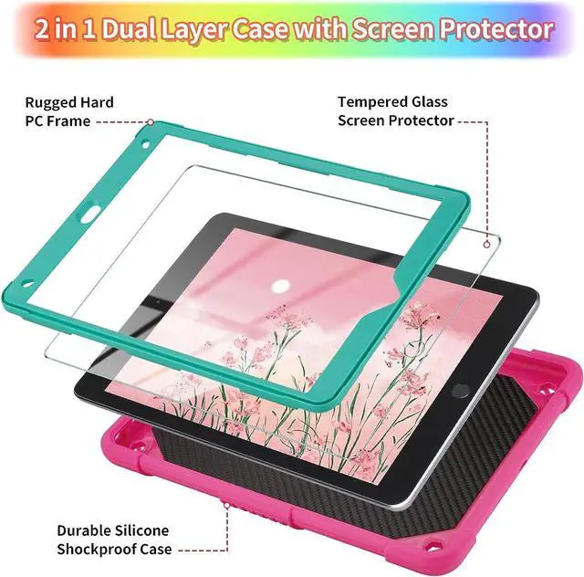 Alt view image 3 of 7 - for iPad 9th Generation Case 8th 7th Gen 10.2 inch with Screen Protector/Butterfly Kickstand/Lanyard/Keychain Rugged Case with Pencil Holder for Kids Girls Cover for iPad 10.2 Case Rose Red
