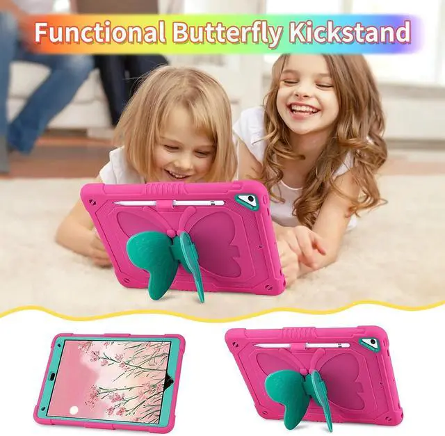 Alt view image 5 of 7 - for iPad 9th Generation Case 8th 7th Gen 10.2 inch with Screen Protector/Butterfly Kickstand/Lanyard/Keychain Rugged Case with Pencil Holder for Kids Girls Cover for iPad 10.2 Case Rose Red