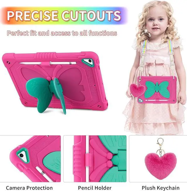 Alt view image 4 of 7 - for iPad 9th Generation Case 8th 7th Gen 10.2 inch with Screen Protector/Butterfly Kickstand/Lanyard/Keychain Rugged Case with Pencil Holder for Kids Girls Cover for iPad 10.2 Case Rose Red