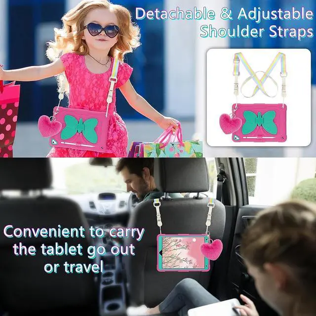 Alt view image 6 of 7 - for iPad 9th Generation Case 8th 7th Gen 10.2 inch with Screen Protector/Butterfly Kickstand/Lanyard/Keychain Rugged Case with Pencil Holder for Kids Girls Cover for iPad 10.2 Case Rose Red